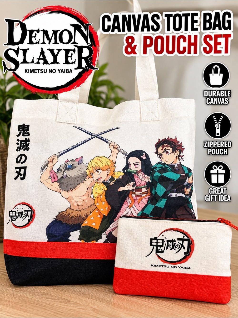 Demon Slayer Kimetsu no Yaiba Anime Canvas Tote Bag & Pouch Set